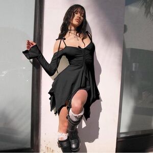 Black bat sleeve cold shoulder ruched tie detail layered fairy dress M NWT